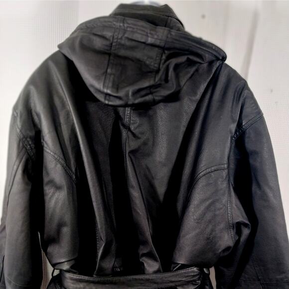 PRESTIGE LEATHER! BLACK GENUINE LEATHER BELTED WAIST HOODIE COAT, JACKET! SZ 2XL - Picture 10 of 15